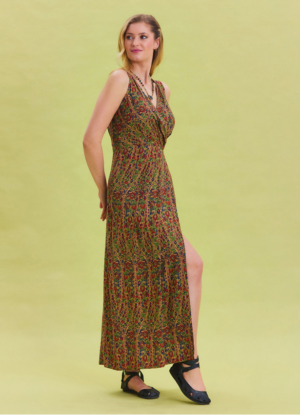 V Neck Slit Detail Patterned Green Long Dress 4455